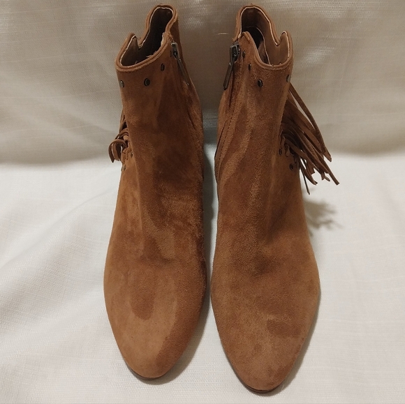 Sam Edelman Rudie Tan Suede Fringed Studded Side Zip Western Ankle Bootie NWOB - Picture 2 of 10